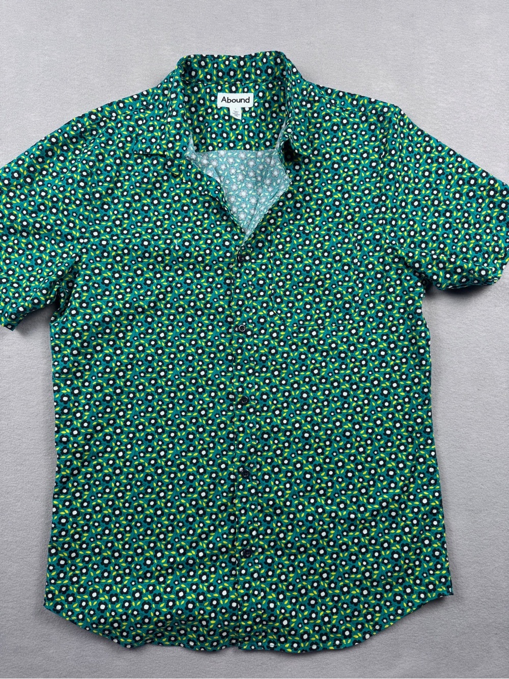 ABOUND Flower Print Button Up Short Sleeve Green Shirt Mens Small Office Fun Dad